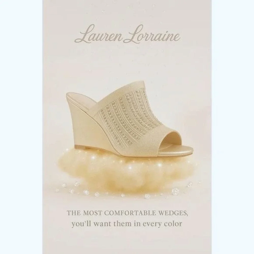 Lauren Lorraine‎ Gold Embellished Knit Open Wedge Heel Shoes Mules  Sz 6 /#S1104